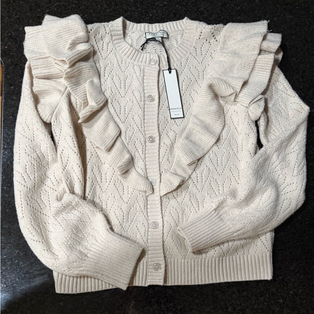 Bagatelle Ivory Ruffle Knit Cardigan - Picture 2 of 10